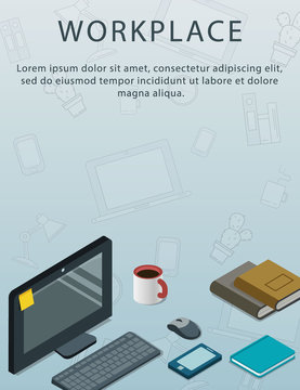 Top view Business Workplace background with monitor, cup of coffee and planner. Creative style for design