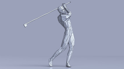 3d render minimalist low poly golf player with thin black line on white background.