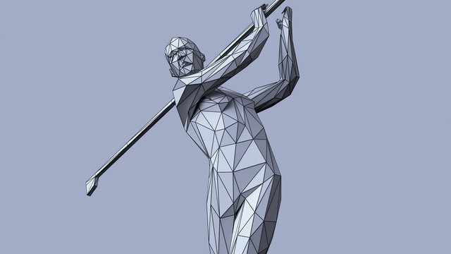 3d render minimalist low poly golf player with thin black line on white background.