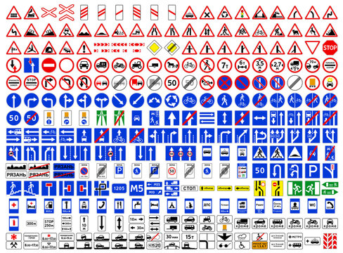 Naklejki Collection of road signs in Russia. Three hundred highly detailed and fully editable vector European road signs with details. Danger signs, obligations, warnings. Additional table. Routing table. Russ