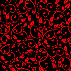 seamless pattern in black and red with curls and plant elements
