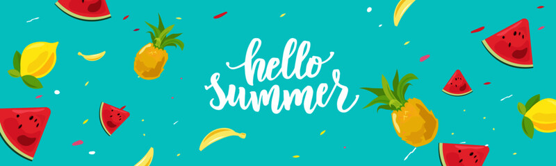 Hello summer hand lettering text as logotype, label, badge, icon, postcard, card, invitation, banner template. Special summer sale typography poster. Vector illustration. - obrazy, fototapety, plakaty