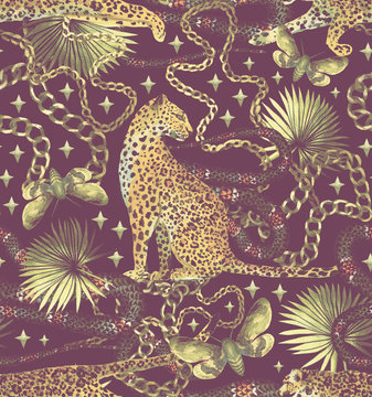  Tropical seamless pattern with chains, leopard, snake and tropical leaves. Baroque luxury background © Арина Трапезникова