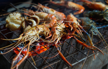 Roasted river prawn in dinner party at Phetchaburi Province, Thailand.