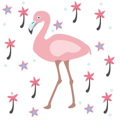 Cute Pink Flamingo with Palms and Stars on a Blue Background with Stripes.