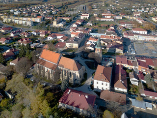 Strzyzow, Poland - 9 9 2018: Photograph of the old part of a small town from a bird's flight. Aerial photography by drone or quadrocopter. Advertise tourist places in Europe. Planning a medieval town