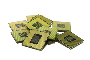 many computer cpu chips isolated on white