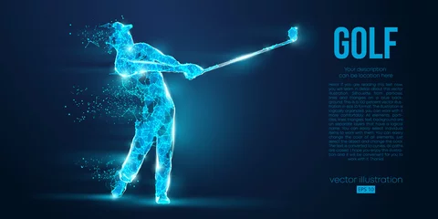 Foto op Canvas Silhouette of a golf player, golfer from particles on blue background. All elements on a separate layers color can be changed to any other. Low poly neon wire outline geometric. Vector illustration © matrosovv