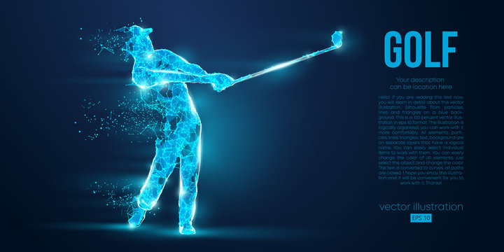 Silhouette of a golf player, golfer from particles on blue background. All elements on a separate layers color can be changed to any other. Low poly neon wire outline geometric. Vector illustration
