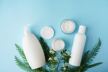 Cosmetic bottle containers with green herbal leaves, Blank label for branding mock-up, Natural beauty product concept.
