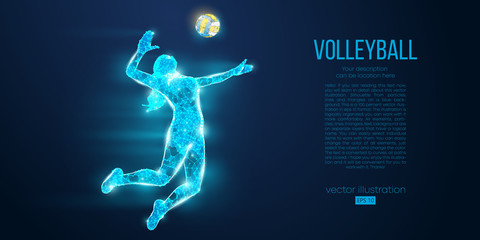 Abstract silhouette of volleyball player woman, girl, female with volleyball ball. All elements on a separate layers color can be changed to any other. Low poly neon wire outline geometric. Vector