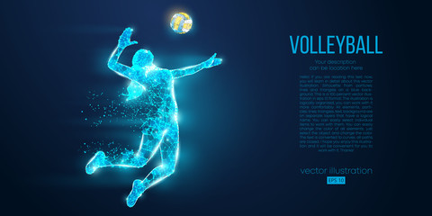 Fototapeta premium Abstract silhouette of volleyball player woman, girl, female with volleyball ball. All elements on a separate layers color can be changed to any other. Low poly neon wire outline geometric. Vector