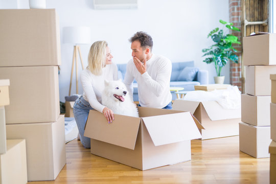 Young beautiful couple with dog sitting on the floor at new home around cardboard boxes