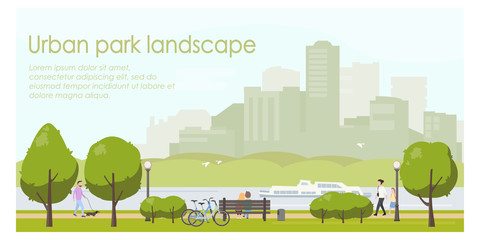 Urban park landscape flat illustration. Horizontal banner template with place for your text. Stock vector. People relaxing in city park, walking with dog, riding bicycle.