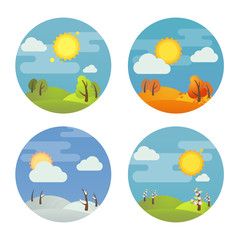 Set of round four season icons: summer, winter, spring, autumn. Stock vector illustration. Isolated on white background.