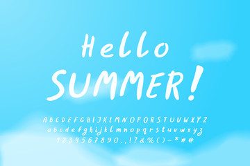Hello Summer. White handwritten Italic alphabet on blue sky background. Lettering font, uppercase and lowercase letters, numbers