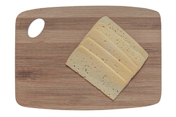 cheese slices on a wooden kitchen board isolated on white