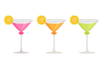 Set margarita cocktail isolated on white background.Margarita, tequila, liqueur, lime juice alcoholic cocktail in glass with lime slice in glass. Summer refreshing beverage for party. Stock vector