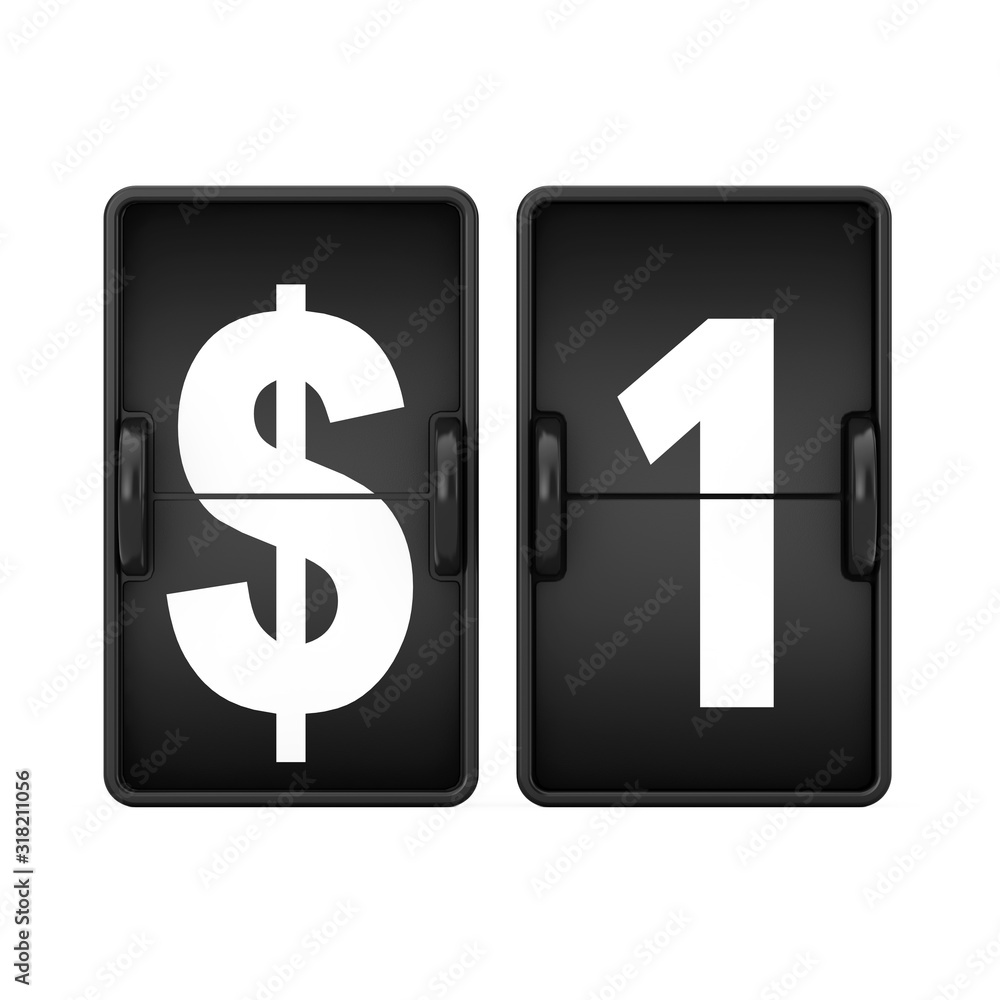 Aufkleber $ 1 sign as flip countdown mechanical airport board. 3d rendering