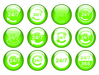 24/7 Service open 24 h hours a day and 7 days a week icon. Shop support logo symbol sign button. Vector illustrator image. Isolated on white background. Glossy glass button