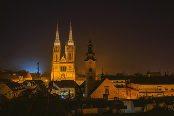 Zagreb Cathedral and St. Mary's Church in the night. Capital of Croatia, panoramic view