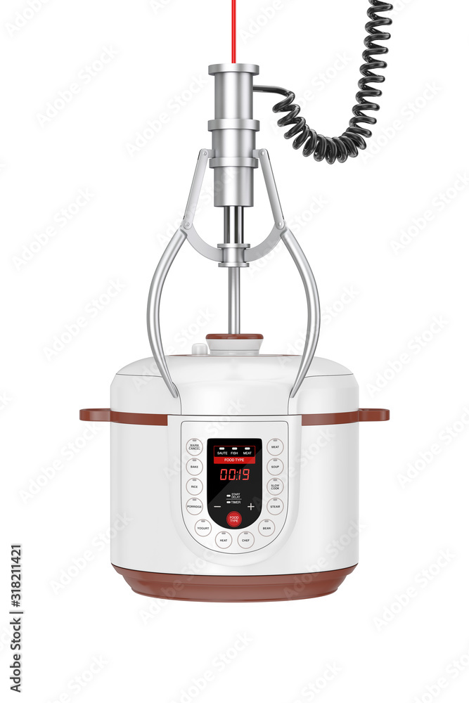 Poster winner concept. modern electric multi cooker in chrome robotic claw. 3d rendering