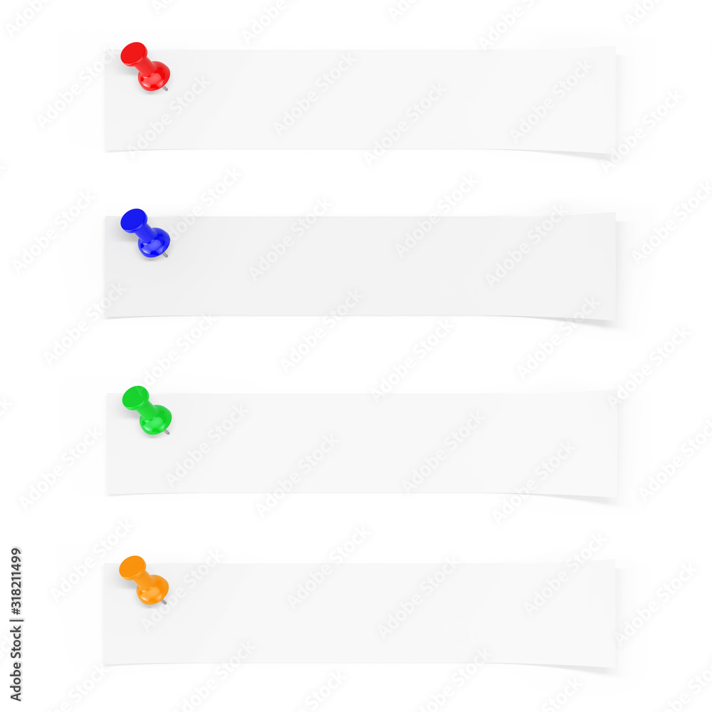 Aufkleber Strip of Blank Paper with Empty Space for Your Design Pinned by Multicolour Paper Pins. 3d Rendering
