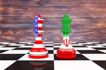 US America and Iran Kings Chess over a Chess Board. 3d Rendering