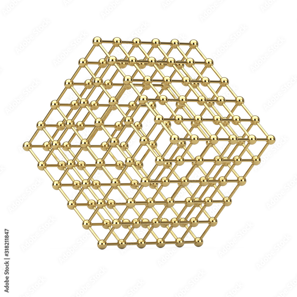 Aufkleber Digital Data Visualization Concept. Abstract Golden Wireframe Atom Mesh Cube. 3d Rendering