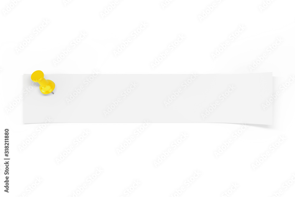 Aufkleber Strip of Blank Paper with Empty Space for Your Design Pinned by Yellow Paper Pin. 3d Rendering