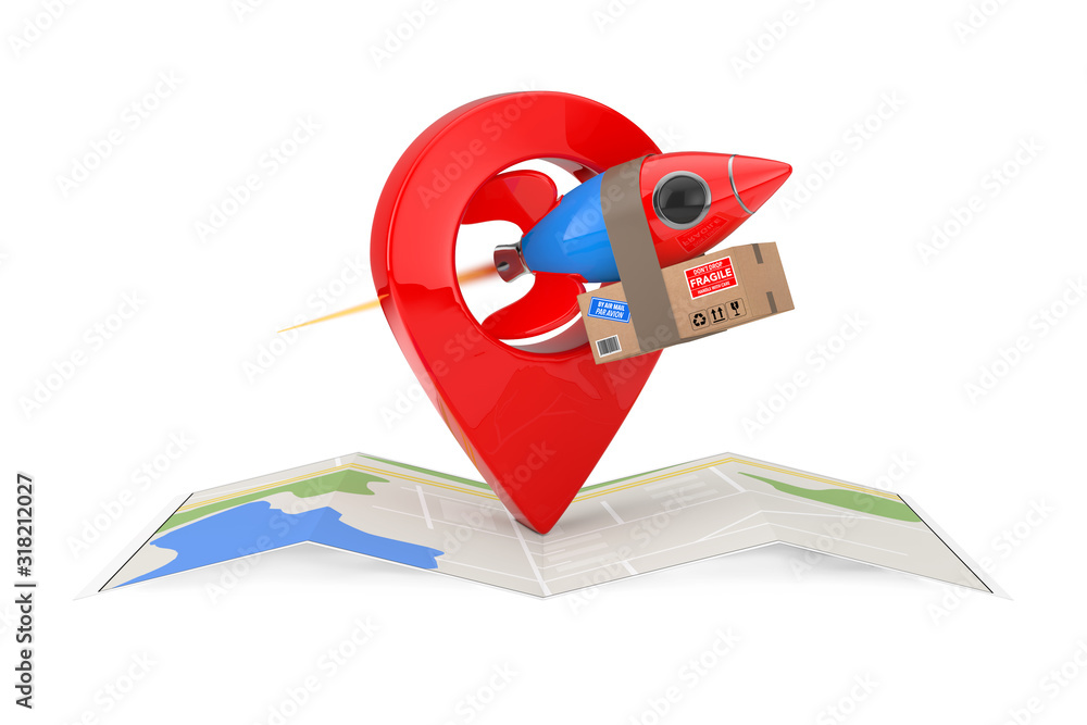 Aufkleber Fast Delivery Concept. Funny Rocket with Parcel Box, Folded Abstract Navigation Map and Map Pointer Pin. 3d Rendering