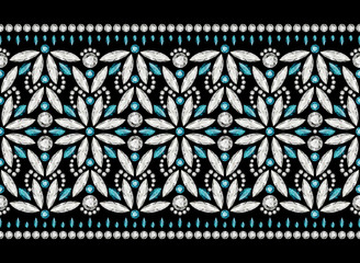 Ornamental jewellery background, vintage jewelry border pattern, embroidered ribbon with diamonds and precious gemstones on black