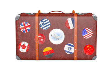 Retro Leather Brown Threadbare Suitcase With Travel Stickers, Metal Corners and Belts. 3d Rendering