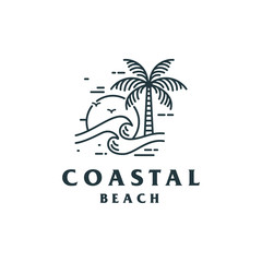 Palm Tree Beach Island with Wave Lineart Logo Design