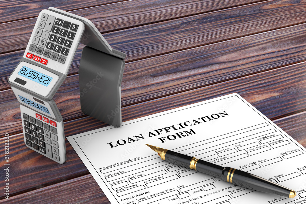 Poster Loan Application Form with Mortgage Calculators in the Shape of a House and Pen. 3d Rendering