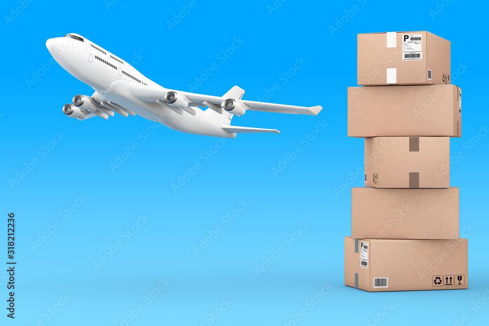 Aufkleber cardboard parcel boxes stacked on each other with white airplane. 3d rendering