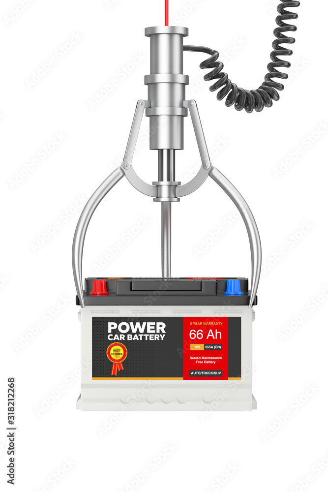 Poster winner concept. rechargeable car battery 12v accumulator with abstract label in chrome robotic claw.