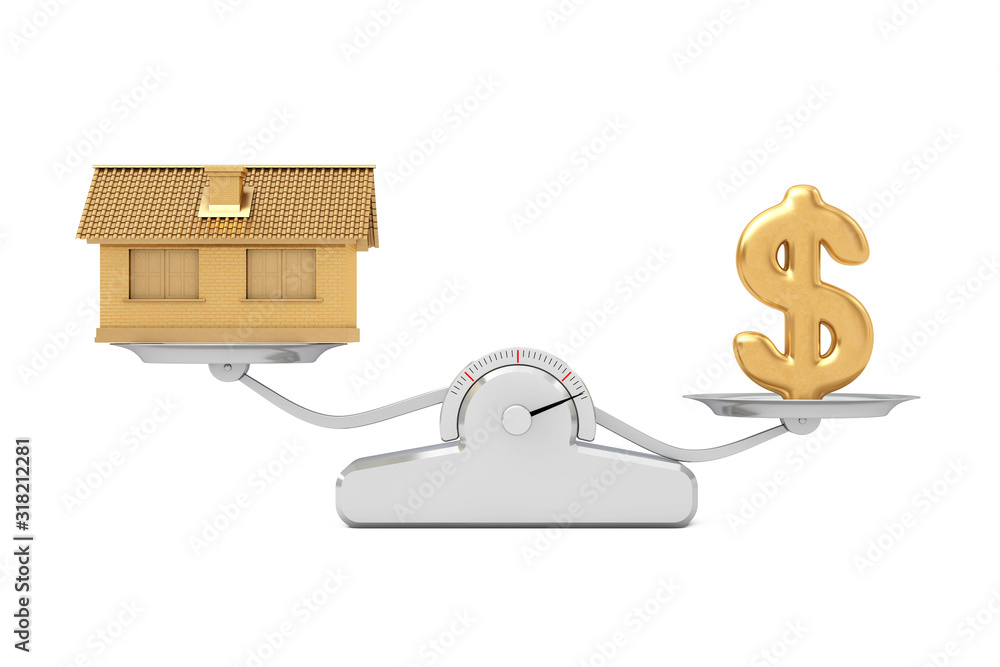 Poster Golden Dollar Sign with Golden House Balancing on a Simple Weighting Scale. 3d Rendering