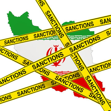 Iran Sanctions Concept. Yellow Tape With Sanctions Sign Against Of Iran Map With Flag. 3d Rendering