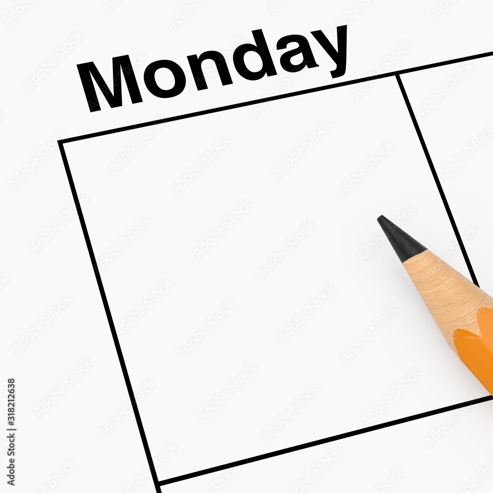 Poster pencil over monday calendar scheduler cell with empty space for your design. 3d rendering