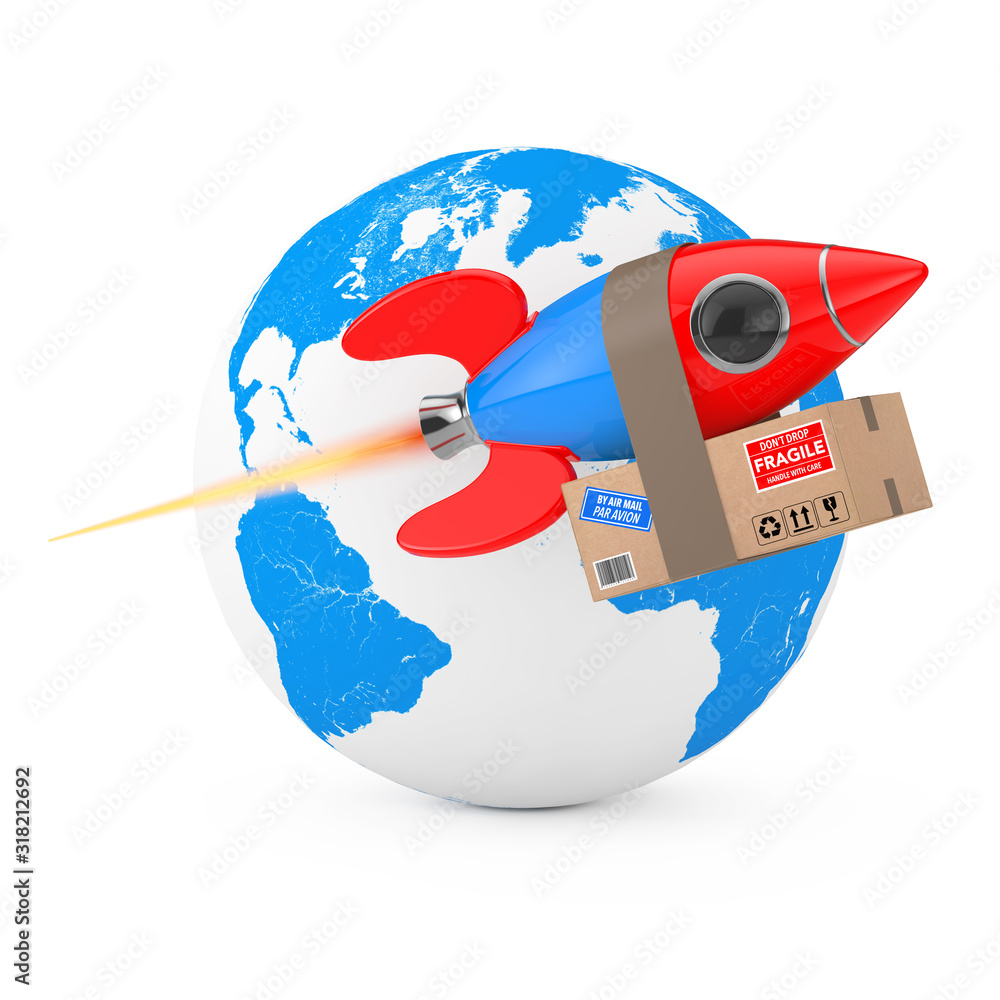Aufkleber Fast Delivery Concept. Funny Rocket with Parcel Box in front of Earth Globe. 3d Rendering