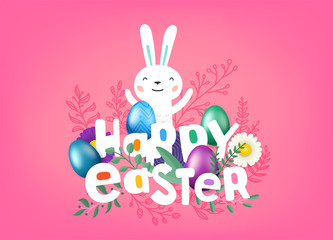 Happy Easter vector cover. Greeting card with comic style inscription