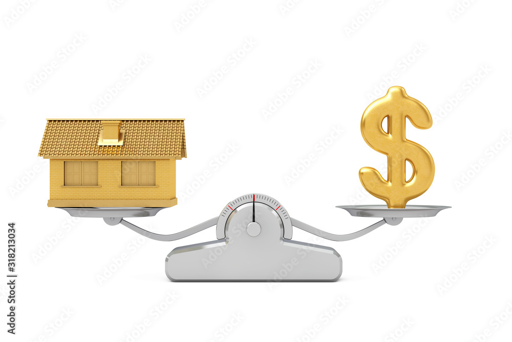 Poster Golden Dollar Sign with Golden House Balancing on a Simple Weighting Scale. 3d Rendering