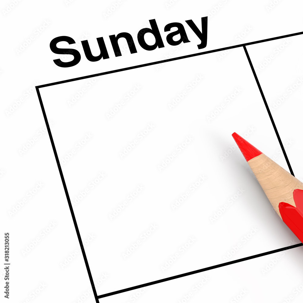 Poster red pencil over sunday calendar scheduler cell with empty space for your design. 3d rendering