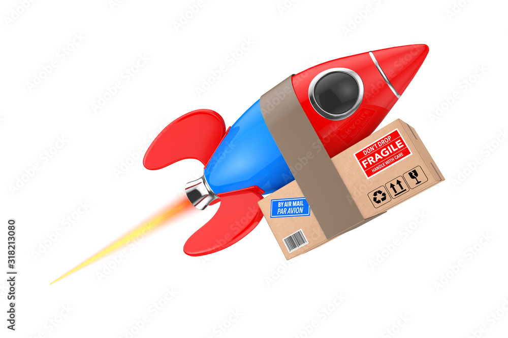 Poster fast delivery concept. funny rocket with parcel box. 3d rendering