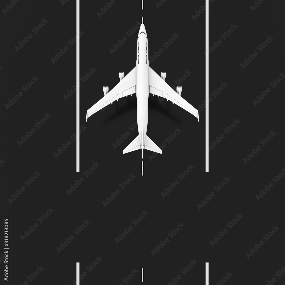 Poster White Jet Passenger Airplane Takeoff from Runway with Blank Space for Your Design Top View. 3d Rendering