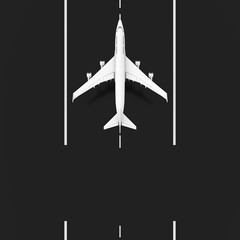 White Jet Passenger Airplane Takeoff from Runway with Blank Space for Your Design Top View. 3d Rendering