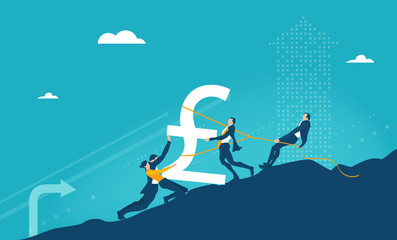 Group of businessmen, bankers pulling up sterling sing on top of mountain as symbol of success, hard work, solving the problem and high professional achievements. Business concept illustration 