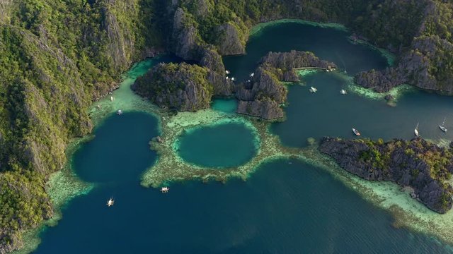 Aerial drone view of twin lagoons in Coron Bay, Coron, Palawan, Philippines