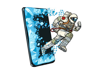 Scientific online applications concept. Astronaut runs through a smartphone